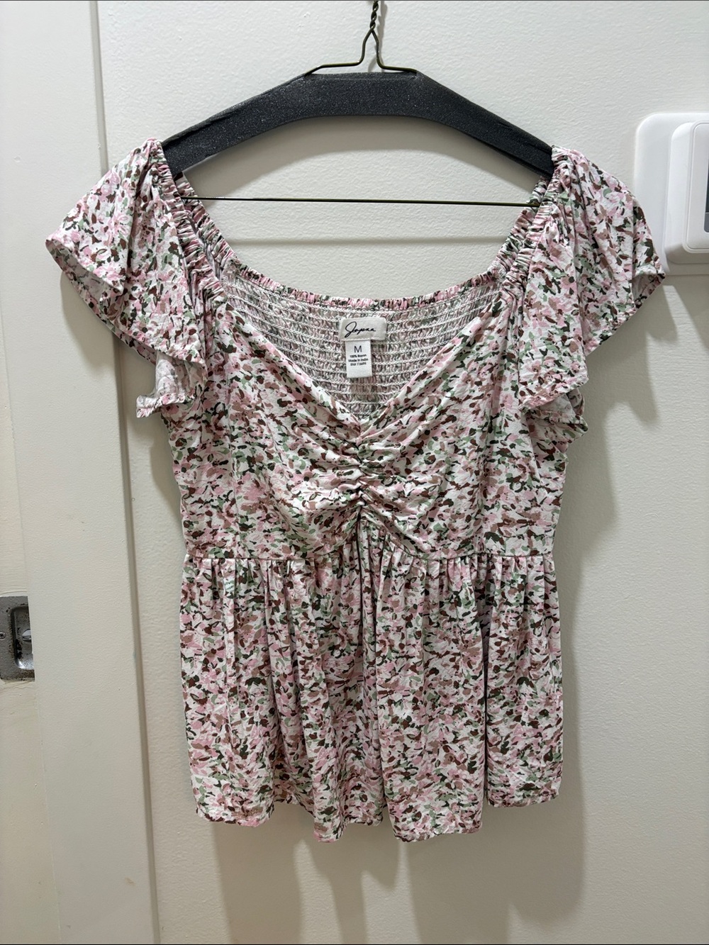 JAPNA | Pink Floral Ruched Peplum Blouse